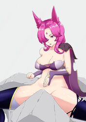 animal_ears bottomless breasts cleavage league_of_legends pack_of_inu pink_eyes pink_hair spread_legs star_guardian_series star_guardian_xayah stuck thighhighs xayah rating:Questionable score:21 user:AbsoluteTerritory