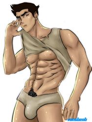 1boy abs amber_eyes avatar_the_last_airbender brown_hair bulge clothing hair human human_only mako male male_chest male_focus male_nipples male_only muscle muscles muscular muscular_male pants_removed pecs pubic_hair shirt shirt_lift shirt_up simple_background six_pack smooth_skin solo solo_focus solo_male the_legend_of_korra topwear underwear vansbeab white_background rating:Explicit score:23 user:vansbeab