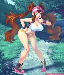 1girls alternate_breast_size ass baseball_cap bent_knees big_ass blue_eyes boots booty_shorts breasts brown_hair cleavage clothed clothing curvy detailed_background female female_only fusion hair hairbun hand_on_hip hilda_(pokemon) laced_boots large_breasts lips lipstick long_hair microskirt midriff navel nintendo nipple_bulge open_smile pokemon pokemon_bw pokemon_bw2 pose rosa_(pokemon) rosilda shoes short_shorts shorts smile solo solo_female supersatanson tank_top thick_thighs twintails vest visor_cap wristband rating:Questionable score:274 user:privateguy