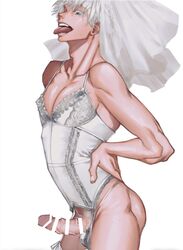 1boy bare_shoulders bride censor_bar censored censored_penis garter_straps jujutsu_kaisen lingerie male male_focus male_in_lingerie male_only penis satoru_gojo solo_focus solo_male tongue tongue_out wedding_attire wedding_lingerie wedding_veil white_hair rating:Explicit score:46 user:deleted7703