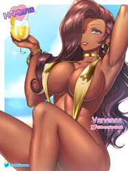 1girls big_breasts bracelet breasts brown_hair choker dark-skinned_female dark_skin drink earrings etchimune female gold_bikini gold_jewelry hair_over_one_eye holding_object lipstick long_hair looking_at_viewer oc sling_bikini solo vanessa_(live_for_the_funk) yellow_eyes rating:Questionable score:193 user:Redguy7