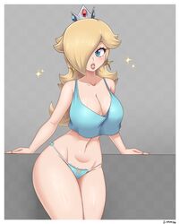 1girls bare_thighs bimbo blonde_hair blue_eyes blue_panties blue_shirt breasts cleavage clothing crop_top female female_only grey_background hair_over_one_eye huge_breasts long_hair mario_(series) navel nintendo panties princess_rosalina shirt simmsy simple_background slim_waist solo standing super_mario_galaxy thick_thighs thighs thin_arms thin_waist underwear wide_hips rating:Questionable score:295 user:justausername