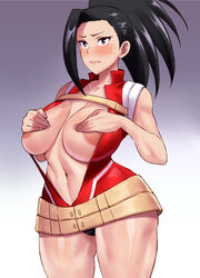 1girls areola_slip ass big_ass black_hair blush breasts covered_nipples covering_breasts embarrassed female female_focus female_only fit_female haikawa_hemlen hero_outfit_(mha) hourglass_figure huge_breasts large_areolae large_breasts light-skinned_female long_hair looking_at_viewer momo_yaoyorozu my_hero_academia navel ponytail slim_waist solo solo_female sweat sweatdrop thick_thighs wide_hips rating:Questionable score:97 user:GoogleYahooBing