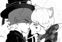 1boy 1girls after_kiss black_and_white blush brother_and_sister cat_ears catgirl closed_eyes finger_in_mouth genshin_impact greyscale half-closed_eyes incest lipstick lynette_(genshin_impact) lyney_(genshin_impact) monochrome open_mouth saliva saliva_string saliva_trail siblings tattoo thiccwithaq top_hat twincest twins rating:Questionable score:129 user:Unusualtaste