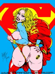 2009 anus armando_huerta ass back_view beige_skin blonde_hair blue_eyes breasts cape clenched_teeth clothes dc female female_only grabbing_own_ass hair kryptonian looking_at_viewer looking_back nipples open_eyes presenting_hindquarters pussy skirt smile solo standing sticker supergirl thong yellow_hair rating:Explicit score:27 user:bot