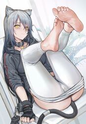 1girls animal_ears arknights ass barefoot big_breasts blush cameltoe collar feet feet_up female female_only fingerless_gloves iuui partially_clothed schwarz_(arknights) soles tagme tail toes undressing westking yellow_eyes rating:Explicit score:271 user:xetter