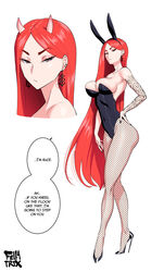 1girls alice_(fellatrix) big_breasts breasts bunny_ears bunny_girl bunnysuit cleavage earrings fellatrix female female_only femdom fishnets horns large_breasts long_hair looking_at_viewer original red_hair solo solo_female speech_bubble standing tattoo text rating:Questionable score:483 user:justausername