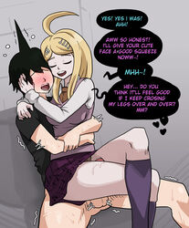 1boy akamatsu_kaede assertive big_breasts blonde_hair blush clothed clothed_sex clothing comic crossed_legs danganronpa danganronpa_v3 dialogue femdom hugging_from_behind mosbles penis straight straight_hair thick_thighs thigh_sex rating:Explicit score:140 user:wendysemployee