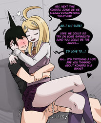 1boy akamatsu_kaede assertive big_breasts blonde_hair blush clothed clothed_sex clothing comic crossed_legs danganronpa danganronpa_v3 dialogue femdom hugging_from_behind mosbles penis straight straight_hair thick_thighs thigh_sex rating:Explicit score:101 user:wendysemployee