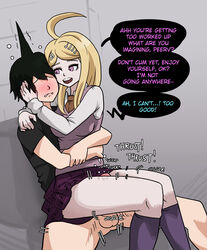 1boy akamatsu_kaede assertive big_breasts blonde_hair blush clothed clothed_sex clothing comic danganronpa danganronpa_v3 femdom hugging_from_behind mosbles penis straight straight_hair thick_thighs thigh_sex rating:Explicit score:111 user:wendysemployee