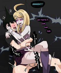 1boy akamatsu_kaede assertive big_breasts blonde_hair blush clothed clothed_sex clothing comic crossed_legs cum_on_leg cum_on_legs cum_on_self cumshot danganronpa danganronpa_v3 dialogue ejaculation_between_thighs femdom hugging_from_behind mosbles penis pink_eyes straight straight_hair thick_thighs thigh_sex rating:Explicit score:207 user:wendysemployee