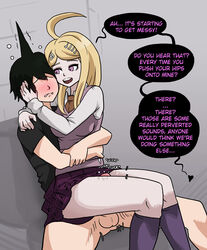 1boy akamatsu_kaede assertive big_breasts blonde_hair blush clothed clothed_sex clothing comic danganronpa danganronpa_v3 femdom hugging_from_behind mosbles penis precum straight straight_hair thick_thighs thigh_sex rating:Explicit score:111 user:wendysemployee