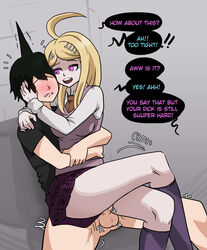 1boy akamatsu_kaede assertive big_breasts blonde_hair blush clothed clothed_sex clothing comic crossed_legs danganronpa danganronpa_v3 femdom hugging_from_behind mosbles penis straight straight_hair thick_thighs thigh_sex rating:Explicit score:113 user:wendysemployee