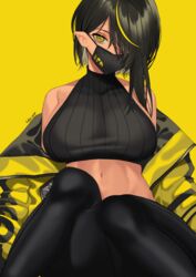 abs belly_button big_breasts black_hair black_legwear black_mask dark-skinned_female dark_elf dark_hair dark_skin elf elf_ears elf_female female female_only gloves hair_between_eyes hair_over_one_eye leaning_back leggings lilith_(lilycious) lilycious long_hair looking_at_viewer mask masked multicolored_hair navel one_eye_covered painted_nails pointy_ears short_hair sideboob undressing virgin_killer_sweater yellow_background yellow_eyes yellow_hair rating:Questionable score:77 user:CalZone