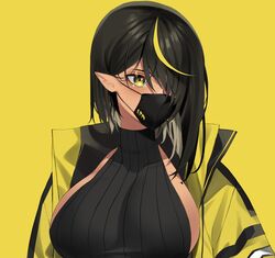 big_breasts black_hair black_mask dark-skinned_female dark_elf dark_hair dark_skin elf elf_ears elf_female female female_only hair_between_eyes hair_over_one_eye lilith_(lilycious) lilycious long_hair looking_away mask masked mole mole_on_breast multicolored_hair pointy_ears virgin_killer_sweater yellow_background yellow_eyes yellow_hair rating:Questionable score:25 user:CalZone