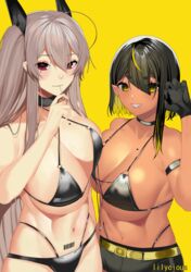 abs armband bare_shoulders belly_button belt big_breasts bikini bikini_bottom bikini_top black_bra black_hair black_panties choker cleavage dark-skinned_female dark_elf dark_hair dark_skin elf elf_ears elf_female fangs gloves grey_hair hair_between_eyes hair_ornament hair_over_one_eye lilith_(lilycious) lilycious long_hair looking_at_viewer loose_clothes mole mole_on_breast mole_under_eye mole_under_mouth multicolored_hair navel panties pointy_ears red_eyes short_shorts shorts undressing very_long_hair yellow_eyes yellow_hair rating:Questionable score:56 user:CalZone