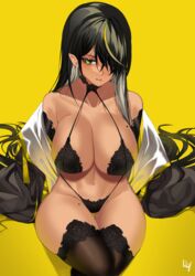 abs arms_behind_back bare_shoulders belly_button big_breasts black_bra black_hair black_legwear black_panties bra choker cleavage dark-skinned_female dark_elf dark_hair dark_skin elf elf_ears elf_female fangs gloves hair_between_eyes hair_over_one_eye lace-trimmed_bra lace-trimmed_panties lace-trimmed_thighhighs lilith_(lilycious) lilycious looking_at_viewer loose_clothes mole mole_on_breast mole_on_thigh mole_under_mouth multicolored_hair navel panties pointy_ears undressing very_long_hair wide_hips yellow_eyes yellow_hair rating:Questionable score:135 user:CalZone