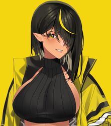 abs big_breasts black_hair cleavage dark-skinned_female dark_elf dark_hair dark_skin elf elf_ears elf_female fangs female female_only hair_between_eyes hair_over_one_eye lilith_(lilycious) lilycious long_hair looking_at_viewer mole mole_on_breast mole_under_mouth multicolored_hair pointy_ears undressing virgin_killer_sweater yellow_eyes yellow_hair rating:Questionable score:62 user:CalZone