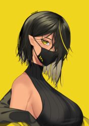 bare_shoulders big_breasts black_hair black_mask dark-skinned_female dark_elf dark_hair dark_skin elf elf_ears elf_female female female_only hair_between_eyes hair_over_one_eye lilith_(lilycious) lilycious long_hair looking_at_viewer mask masked multicolored_hair one_eye_covered pointy_ears short_hair sideboob undressing virgin_killer_sweater yellow_background yellow_eyes yellow_hair rating:Questionable score:85 user:CalZone