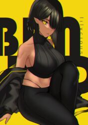 abs bare_shoulders big_breasts black_hair black_legwear black_panties dark-skinned_female dark_elf dark_hair dark_skin elf elf_ears elf_female female female_only gloves hair_between_eyes hair_over_one_eye leggings lilith_(lilycious) lilycious looking_at_viewer mole mole_on_breast mole_under_mouth multicolored_hair navel one_eye_covered one_leg_up pointy_ears short_hair sideboob sitting virgin_killer_sweater yellow_background yellow_eyes yellow_hair rating:Questionable score:60 user:CalZone