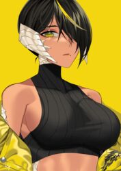 abs big_breasts black_hair dark-skinned_female dark_elf dark_hair dark_skin elf elf_ears elf_female female female_only hair_between_eyes hair_over_one_eye horned_humanoid horns lilith_(lilycious) lilycious looking_at_viewer mole mole_on_breast mole_under_mouth multicolored_hair pointy_ears scales short_hair virgin_killer_sweater yellow_background yellow_eyes yellow_hair rating:Questionable score:36 user:CalZone