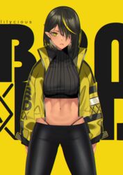 abs belly_button big_breasts black_hair black_legwear black_panties dark-skinned_female dark_elf dark_hair dark_skin elf elf_ears elf_female female female_only hair_between_eyes hair_over_one_eye leggings lilith_(lilycious) lilycious looking_at_viewer mole mole_under_mouth multicolored_hair navel one_eye_covered pointy_ears short_hair virgin_killer_sweater yellow_background yellow_eyes yellow_hair rating:Questionable score:43 user:CalZone