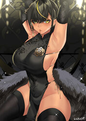 armpits arms_behind_head asian_clothing bare_shoulders big_breasts black_dress black_gloves black_hair black_legwear china_dress chinese_clothes dark-skinned_female dark_elf dark_hair dark_skin earrings elf elf_ears elf_female female female_only fur_clothing gloves hair_between_eyes hair_bun hair_ribbon lilith_(lilycious) lilycious long_gloves looking_at_viewer mole mole_on_breast mole_under_mouth multicolored_hair object_in_mouth pelvic_curtain pointy_ears short_hair sideboob undressing yellow_eyes yellow_hair rating:Questionable score:228 user:CalZone