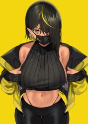 abs belly_button big_breasts black_hair black_legwear black_mask black_panties dark-skinned_female dark_elf dark_hair dark_skin elf elf_ears elf_female female female_only gloves hair_between_eyes hair_over_one_eye leaning_forward leggings lilith_(lilycious) lilycious long_hair looking_at_viewer mask masked multicolored_hair navel one_eye_covered painted_nails pointy_ears short_hair sideboob undressing virgin_killer_sweater yellow_background yellow_eyes yellow_hair rating:Questionable score:101 user:CalZone