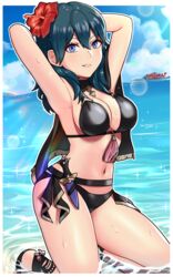 1girls absurdres armpits arms_behind_head arms_up artist_name bangs bare_shoulders beach bikini black_bikini black_cape black_footwear blue_eyes blue_hair blue_sky breasts byleth_(fire_emblem) byleth_(fire_emblem)_(female) byleth_(summer)_(fire_emblem)_(female) cape cleavage cloud commentary dagger day diffraction_spikes eyebrows_visible_through_hair female fire_emblem fire_emblem:_three_houses fire_emblem_heroes flower hair_between_eyes hair_flower hair_ornament highres horizon kneeling large_breasts lens_flare light_blush long_hair looking_at_viewer midriff navel nintendo ocean outdoors parted_lips sandals sarukaiwolf sidelocks sky smile solo sparkle sunlight swimsuit teal_hair weapon wet rating:Questionable score:104 user:kris923