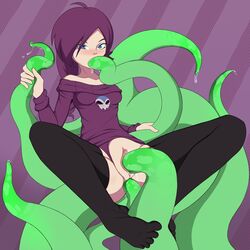 1girls ahoge anal anal_sex bare_shoulders barefoot black_thighhighs blue_eyes bodily_fluids cheek_bulge clothing consensual_tentacle_sex consensual_tentacles double_penetration female female_only footjob footjob_with_legwear green_tentacles hi_res lifted_by_tentacles lifting long_hair looking_at_viewer mouthful panties panties_aside purple_hair purple_panties pussy simple_background small_breasts solo solo_female sura-b-mob tentacle tentacle_grab tentacle_in_anus tentacle_in_mouth tentacle_in_pussy tentacle_sex thighhighs vaginal_penetration zone-tan rating:Explicit score:141 user:!nner$elf89