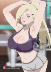 1girls :p agung911 armpits arms_up bangs bare_shoulders big_breasts blonde_hair blue_eyes boruto:_naruto_next_generations breasts busty cleavage clothing female female_only gym hair_over_one_eye ino_yamanaka looking_at_viewer midriff naruto naruto_(series) naruto_shippuden no_underwear ponytail posing shorts shounen_jump smile sports_bra sportswear steaming_body sweat sweatdrop sweaty tied_hair tongue tongue_out wide_hips rating:Questionable score:367 user:UnrealHarbor