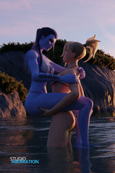 2girls 3d beach bikini blonde_hair carrying colored_skin duo female female_only imminent_sex lesbian lifting looking_at_partner mercy overwatch purple_hair purple_skin standing studioaberration widowmaker yuri rating:Explicit score:68 user:starboyjoe