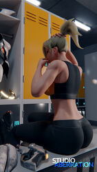 1girls 3d ass blonde_hair breasts gym gym_uniform locker_room long_hair mercy overwatch ponytail solo sports_bra sportswear studioaberration tying_hair white_skin yoga_pants rating:Questionable score:76 user:starboyjoe