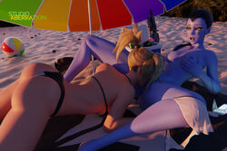 2girls 3d beach beach_ball beach_sex beach_umbrella bikini blonde_hair breast_grab cunnilingus exposed_breasts exposed_nipples female female_only gun hand_on_breast legs_apart mercy overwatch purple_skin pussy_lick studioaberration weapon widowmaker yuri rating:Explicit score:61 user:starboyjoe