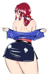 1girls ass awesomeerix back_view bare_back bare_thighs big_ass blue_eyes elite_four glasses hair_tie large_ass looking_at_viewer lorelei_(pokemon) lorelei_(pokemon_anime) medium_hair pokeball pokemon pokemon_(anime) pokemon_rgby prima_(pokemon) red_hair short_skirt skirt solo solo_female undressing rating:Questionable score:107 user:kris923