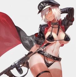 1girls angry belt big_breasts bikini bikini_top cap cape choker cloak fate/grand_order fate_(series) firearm gun hand_behind_head jeanne_alter lack rifle submachine_gun sweat sweatdrop tan_skin tanline tanlines tanned thick_thighs thigh_strap thompson_submachine_gun thong weapon white_background white_hair yellow_eyes rating:Explicit score:105 user:Hantise