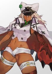 bandages bangs brown_eyes buttons cape clover dark-skinned_female dark_skin female four-leaf_clover guilty_gear guilty_gear_strive hair_between_eyes hat highres looking_to_the_side midriff navel platinum_blonde_hair ramlethal_valentine short_shorts shorts solo stomach thick_thighs thigh_strap thighs uncle_rabbit_ii white_cape rating:Questionable score:78 user:Guilty_Gear_Girls