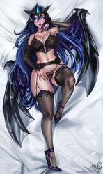 1girls anivia black_lingerie blackfrost_anivia blackfrost_series blue_eyes blue_hair blush blushing bustier fit_female garter_belt garter_straps glowing_eyes goth headgear heels helmet huge_breasts human_version humanized laying_down laying_on_bed league_of_legends lingerie merellyne nylons panties purple_lipstick sharp_fingernails sharp_nails stockings thick_thighs thighhighs very_long_hair white_background wings rating:Explicit score:115 user:ugaugaugau123