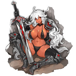 abs areolae areolae_peeking armor belly belly_button big_breasts bikini bikini_bottom bikini_top black_bikini curly_hair dark-skinned_female dark_skin female female_focus female_only gurimjang heels long_hair navel original original_character red_eyes rock solo spread spread_legs sword white_background white_hair rating:Explicit score:66 user:CalZone