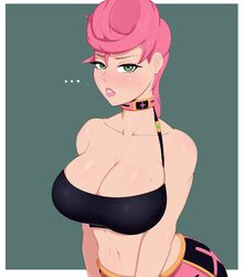 ... 1girls alternate_breast_size bare_shoulders belly big_breasts blush blushing breasts choker clavicle cleavage curvy female g3mma green_eyes half-closed_eyes jojo's_bizarre_adventure large_breasts lips lipstick looking_at_viewer midriff navel pink_hair pink_lipstick shounen_jump simple_background solo solo_female sweat trish_una vento_aureo rating:Questionable score:337 user:GaspinJojo