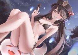 1girls ass black_bikini boo_tao_(genshin_impact) breasts brown_hair cleavage facesitting female genshin_impact ghost happy hat hi_res hu_tao_(genshin_impact) legs looking_at_viewer marinesnow nail_polish petite red_eyes side-tie_bikini sitting small_breasts thighs twintails underboob rating:Questionable score:298 user:Monalicious