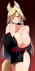 1girls animal_ears bangs bare_legs blonde_hair choker cleavage curvy female fox_ears fox_tail highres huge_breasts japanese_clothes kimono kloah long_hair milf_material nail_polish no_bra red_eyes side_slit smile solo tail rating:Questionable score:187 user:Mr_Dragon