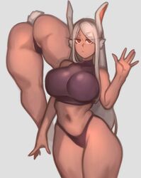 1girls animal_ears ass black_panties bunny_ears bunny_tail dark-skinned_female dark_skin dat_ass female female_only kelvin_hiu large_breasts looking_at_viewer miruko my_hero_academia navel panties rear_view red_eyes rumi_usagiyama solo standing tail thick_thighs thighs white_hair rating:Questionable score:420 user:AbsoluteTerritory