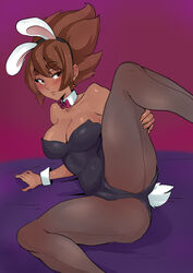 blush brown_eyes brown_hair bunny_ears bunny_tail bunnysuit cafin cameltoe dark_skin earrings league_of_legends leg_up looking_at_viewer nail_polish short_hair solo taliyah rating:Explicit score:78 user:ScipioMaior