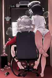 2girls ass azazel_(helltaker) black_hair demon demon_girl demon_horns demon_tail facing_away female female_only halo haraya helltaker masturbation modeus_(helltaker) monster_energy_drink no_pants panties panties_around_leg pussy_juice red_panties straight_hair sweat tail wet_panties white_hair white_panties rating:Questionable score:314 user:MegaMoo