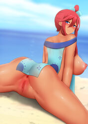 bangs beach big_breasts blue_eyes blush breasts dark-skinned_female dark_skin functionally_nude functionally_nude_female ginhaha legs long_hair looking_at_viewer looking_back looking_back_at_viewer nintendo pokemon pokemon_bw pussy red_hair revealing_clothes seaside skyla_(pokemon) smiling solo rating:Explicit score:155 user:fsk405