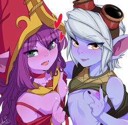 2girls ariel_lopez big_ears blue_skin blush breasts female female_focus female_only green_eyes league_of_legends looking_at_viewer lulu_the_fae_sorceress nipples partially_clothed pointy_ears purple_hair purple_skin riot_games small_breasts tristana white_hair yellow_eyes yordle rating:Explicit score:293 user:westlander2