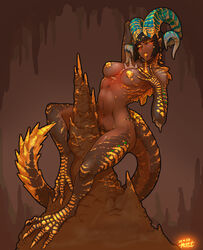 black_hair dark-skinned_female dark_skin egyptian female female_focus female_only gold gold_jewelry horns kulve_taroth lava looking_at_viewer monster_girl monster_hunter monster_hunter_world muhut naked navel pole_dancing red_eyes scales short_hair spikes tail rating:Explicit score:230 user:CalZone