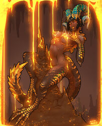 black_hair dark-skinned_female dark_skin egyptian female female_focus female_only gold gold_jewelry horns kulve_taroth lava looking_at_viewer monster_girl monster_hunter monster_hunter_world muhut naked navel pole_dancing red_eyes scales short_hair spikes tail rating:Explicit score:240 user:CalZone