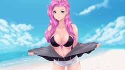 1girls beach big_breasts bikini bikini_top blue_eyes cait cait_aron cropped_legs ear_piercing female female_only front-tie_bikini front_view jacket league_of_legends long_hair looking_at_viewer navel pink_hair seraphine_(league_of_legends) shorts solo solo_female undressing rating:Explicit score:98 user:ugaugaugau12e